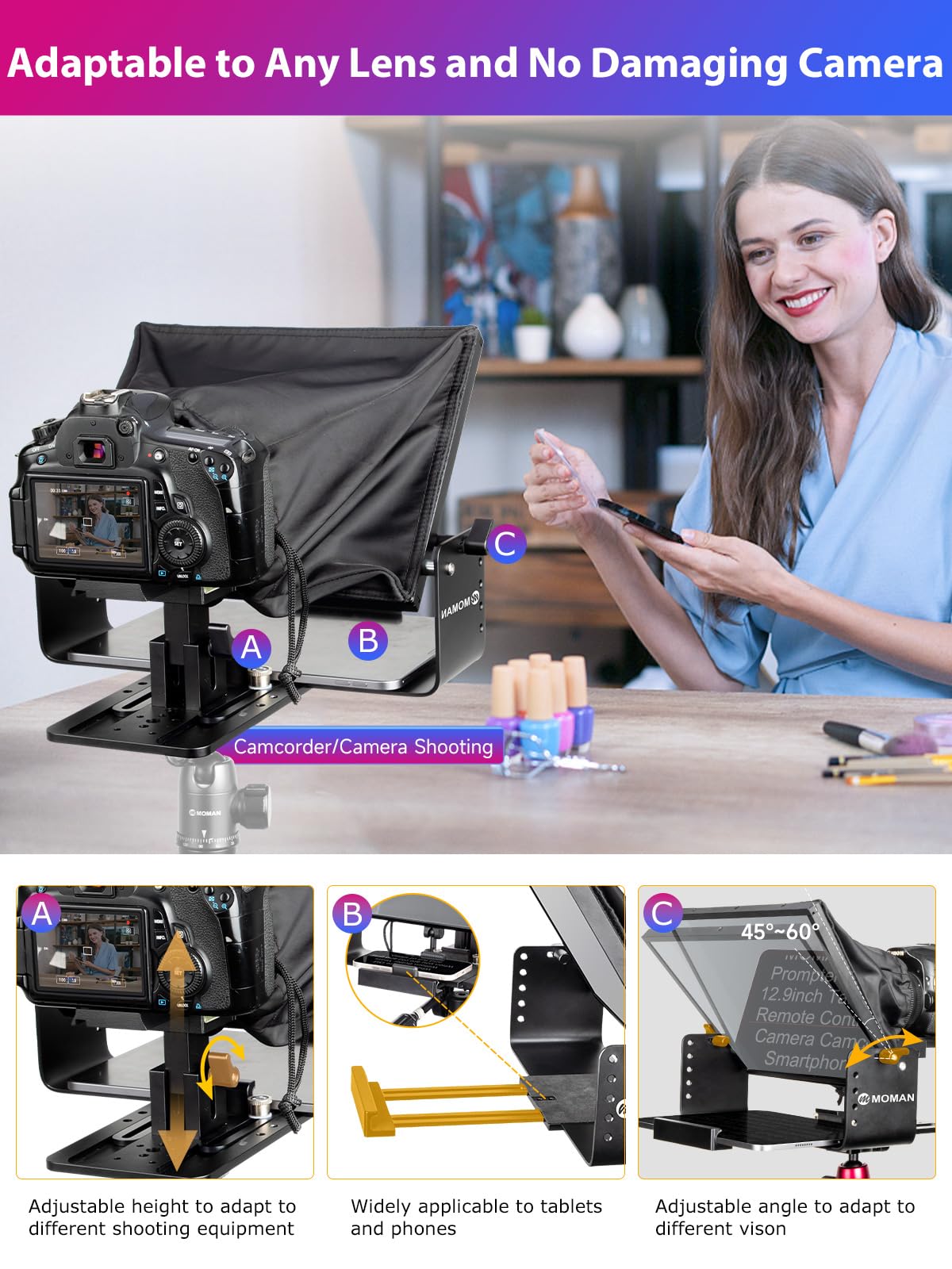 Moman MT12 Teleprompter Metálico de 12,9 Pulgadas, con App Remota y Control Remoto, Soporte Ajustable - Compatible con iPad, iPhone, Tabletas, Smartphones y Cámaras DSLR