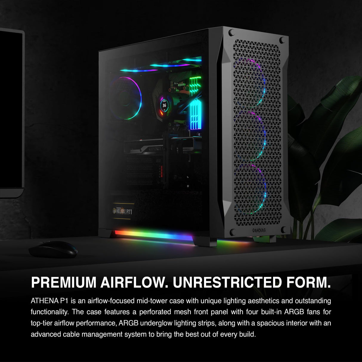 GAMDIAS Athena P1 ATX - Carcasa para PC para Juegos de Torre Media con Vidrio Templado y excelente diseño de Flujo de Aire y 4 Ventiladores ARGB de 120 mm, Soporte Superior y Frontal AIO de 360 mm y