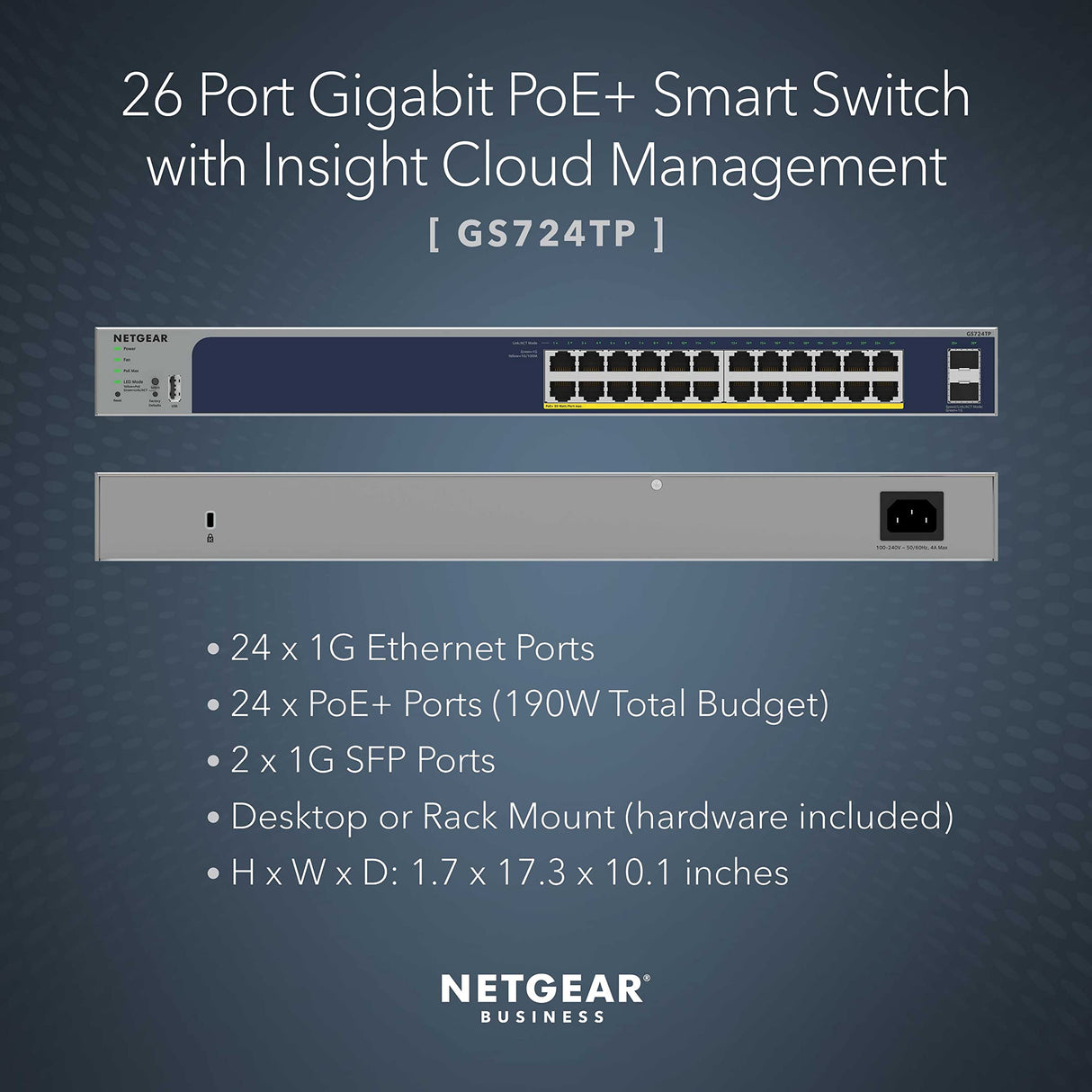NETGEAR Switch Smart Gigabit Ethernet gestionable de 24 Puertos GS724TP | 24x PoE+ Consumo 190W, 2X 1G SFP| Montaje en sobremesa/Bastidor y protección ProSAFE