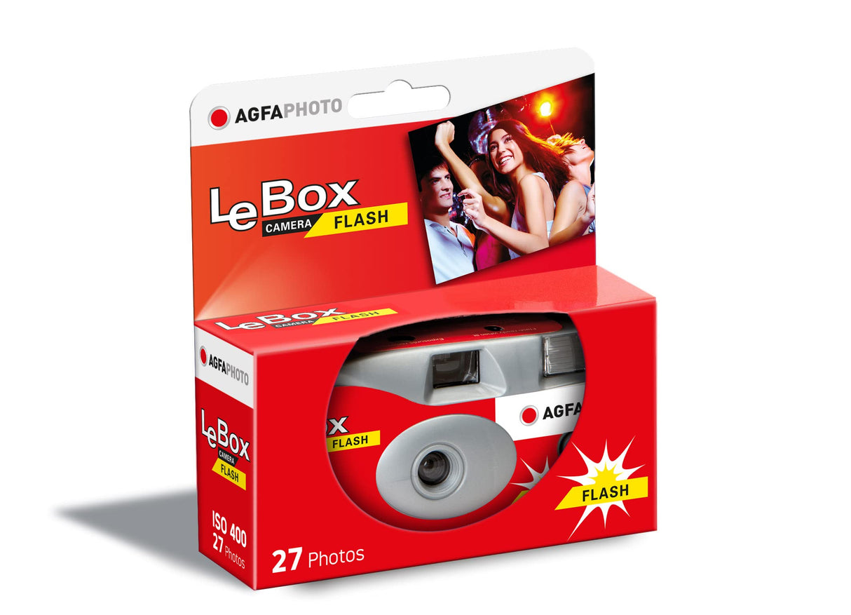 AGFA Photo 601020 - Cámara desechable LeBox Flash, 27 Fotos, Lente óptica de 31 mm, Color Gris y Rojo