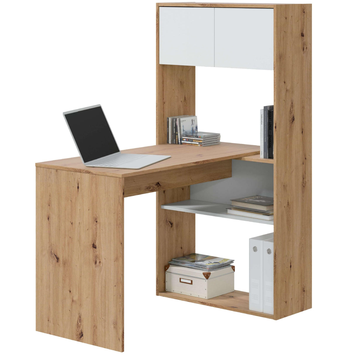 Habitdesign Mesa-Estantería Reversible de 3 Posiciones, Escritorio, Librería, Sistema de Almacenaje, Modelo Duo, Acabado en Color Roble Nodi y Blanco Artik