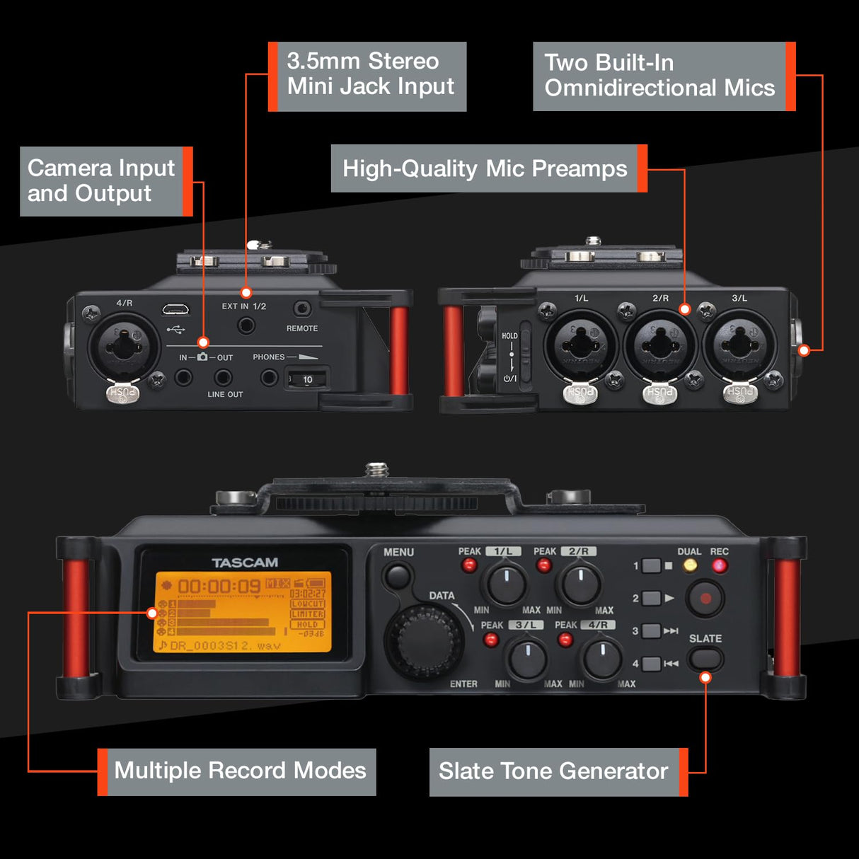 TASCAM Grabadora de audio portátil de 4 canales para videógrafos, 4 entradas combinadas XLR/TRS, 2 micrófonos internos, limitador, filtro HP (DR-70D)