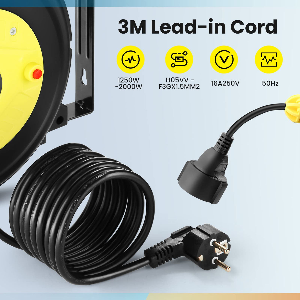 Enrollador de cable automático profesional 10 m + 3 m | Enrollador retráctil montado pared y techo | 1250 W ~ 2000 W | carretes de cable automática | Giratorio 180° | Para interiores y exteriores