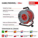EMOS - Carrete de cable de 25m con cable alargador reforzado - 4 enchufes Schuko - 230 V, 16 A, 3680 W - Aislamiento PVC - H05VV-F3G 2,5 mm2 - Protección contra sobrecalentamiento - IP20 para