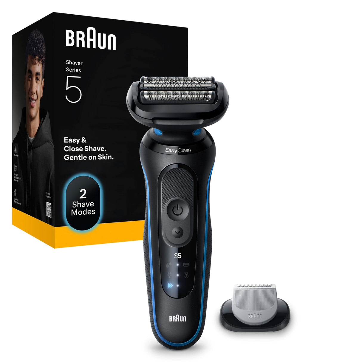 Braun Afeitadora Eléctrica Hombre Series 5, Máquina De Afeitar Barba En Seco Y En Mojado, 2 Modos De Afeitado, 50 Min De Uso, Cabezal De Recortadora Corporal, Estuche De Viaje, 52-B1600S, Azul