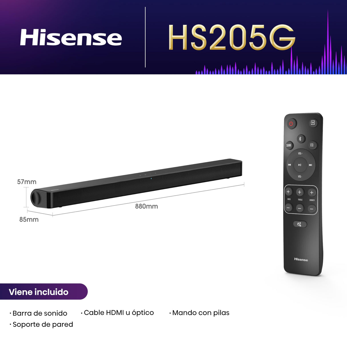 Hisense HS205G - Barra de Sonido 2.0, 120W, Dolby Audio, DTS Virtual X, Bluetooth, HDMI ARC/Optical/AUX/USB, 4 Modos de Sonido