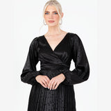Lovedrobe Women's Midaxi Dress Ladies Pleated Satin V-Neck Long Bishop Sleeve Empire A-Line for Evening Occasion Party Prom Ball Vestido, Negro, 42 para Mujer