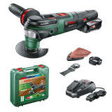 Bosch AdvancedMulti 18 - Multiherramienta a batería con maletín (1 batería 18V, cargador, plato lijador delta, set de hojas de lija, 2x hojas de sierra, empuñadura adicional, Sistema 18 V, 2,5 Ah)