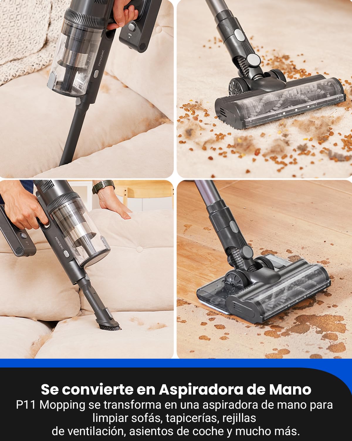 Proscenic P11 Mopping Aspiradora sin Cable y Fregona 2 en 1, 45kPa/550W/60Min Aspiradora Escoba Inalámbrico y Vertical con Batería Antienredos para Alfombras/Suelos Duros/Cortinas/Pelos de Mascotas