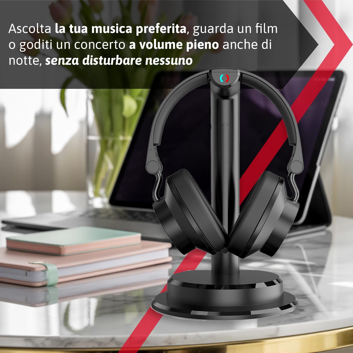 IRRADIO IR-SIGMA PLUS, Juego de auriculares inalámbricos BT para TV, música y juegos. Audio inmersivo, ecualización selectiva, modo BT o cableado, escucha compartida, distancia de transmisión hasta 30