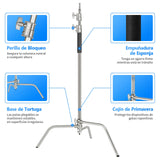 NEEWER Pro 100 % Acero Inoxidable Heavy Duty C Stand con Brazo Articulado Altura Máxima de 320 cm Soporte de Luz para Fotografía con Brazo de Sujeción de 4,2 pies/128 cm, 2 Cabezales de Agarre