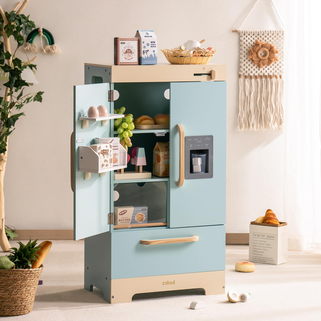 ROBUD Frigorífico de Madera - Realista e Interactivo con máquina de Hielo y Juguetes alimenticios - Adecuado para niños a Partir de 3 años