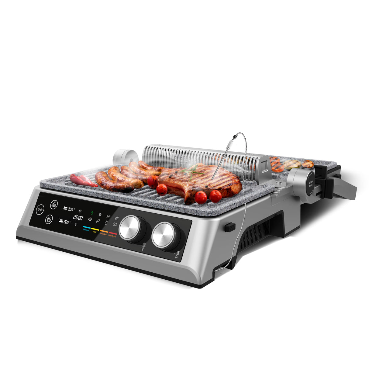 Cecotec Parrilla Eléctrica con Placas Desmontables Rockn'Grill Bistro. 2400W, Cocción sin Humo y Saludable, Control Táctil, Placas con Temperatura Independiente, Incluye Sonda de Temperatura