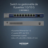 NETGEAR Switch de 8 Puertos y 10 GB GS108X | Switch Ethernet multigigabit - 1 Puerto SFP+ 10G - Montaje en sobremesa o en Bastidor, y protección de por Vida