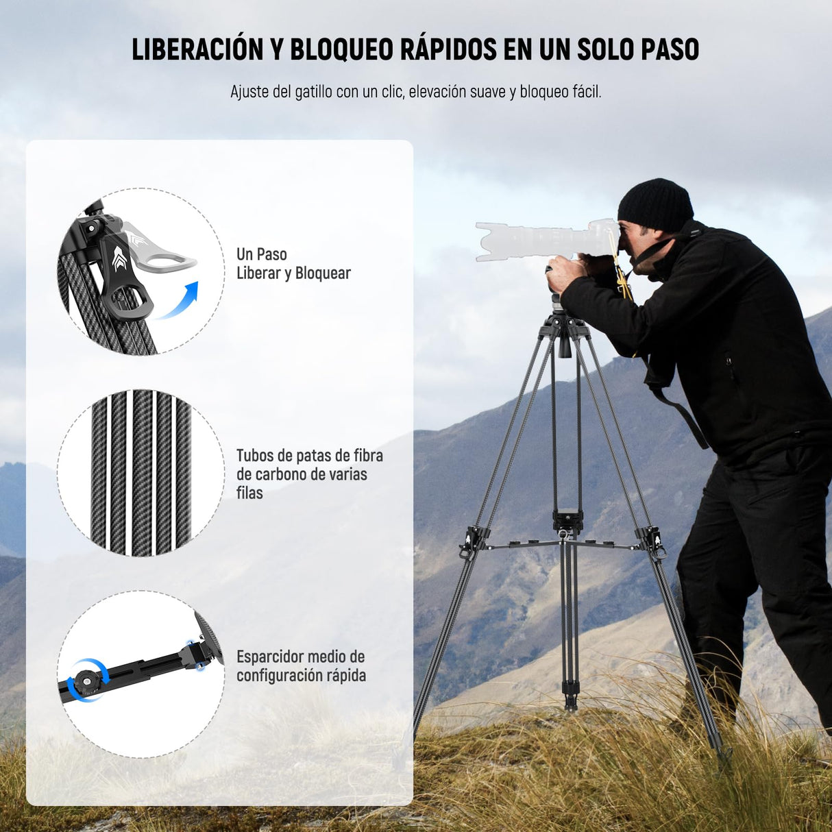 NEEWER 78" Trípode Vídeo de Fibra Carbono con Cabezal Fluido, Trípode de Bloqueo Liberación con 6 Nivel Contrapeso, 4 Nivel Amortiguación de Giro/Inclinación, Placa QR Modo Dual, Máx Carga 18lb, LL55