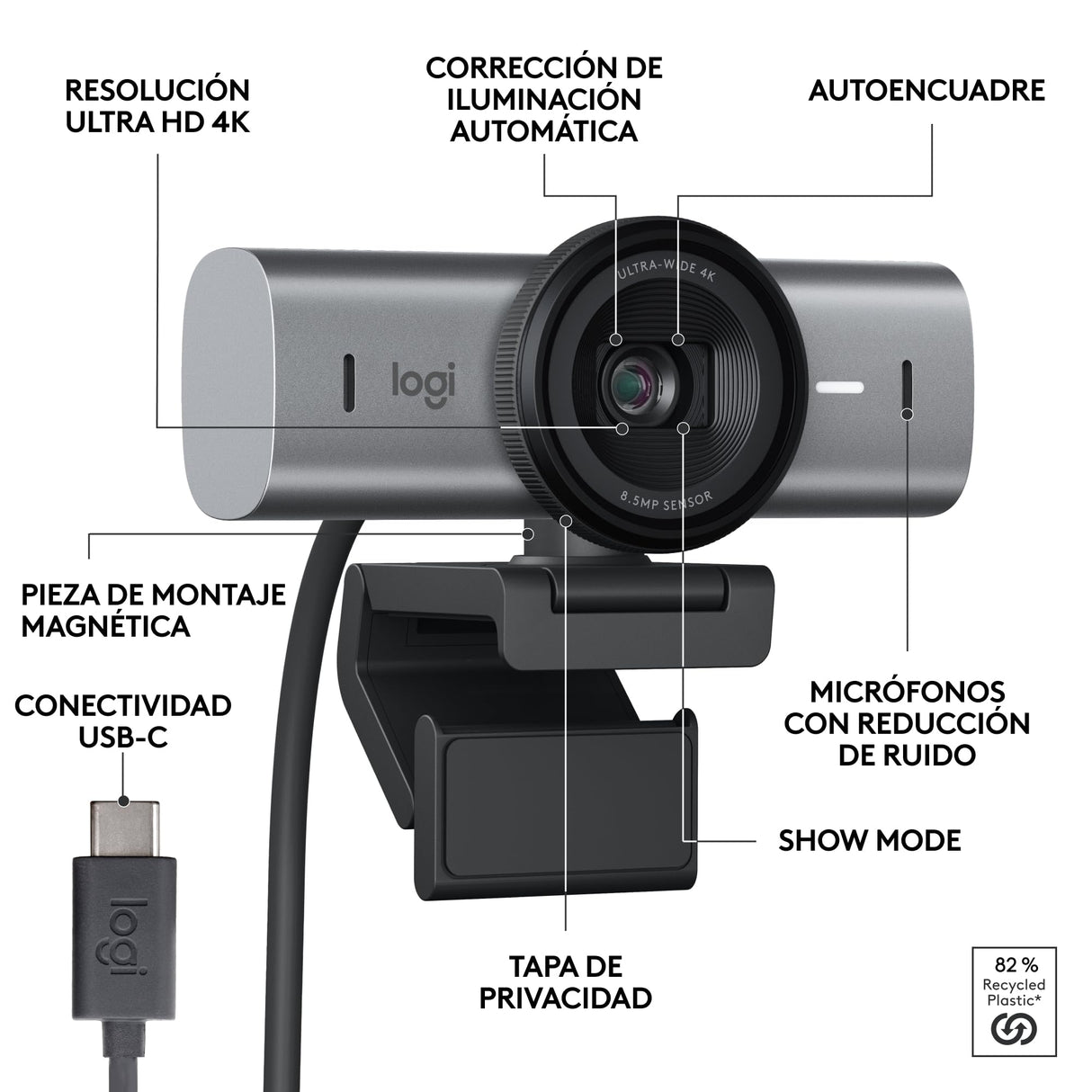 Logitech MX Brio Ultra HD 4K para Colaboración y Streaming Cámara Web, 1080p a 60 FPS, Dos Micrófonos Reductores de Ruido, USB-C, Tapa, Compatible con Microsoft Teams, Zoom, Google Meet, Grafito