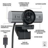 Logitech MX Brio Ultra HD 4K para Colaboración y Streaming Cámara Web, 1080p a 60 FPS, Dos Micrófonos Reductores de Ruido, USB-C, Tapa, Compatible con Microsoft Teams, Zoom, Google Meet, Grafito