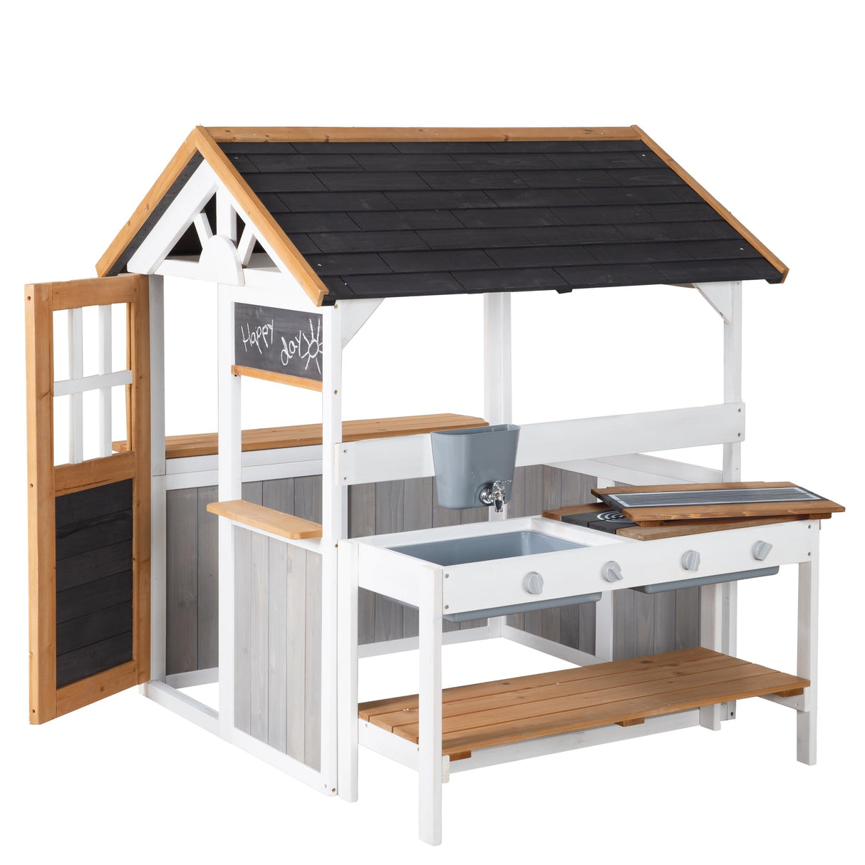 roba Ampliación de Cocina para casa de Juegos – Cocina Infantil al Aire Libre Blanco y marrón con Barbacoa y Placas de cocción – Accesorios para casa de Juegos de jardín a Partir de 18 Meses – con