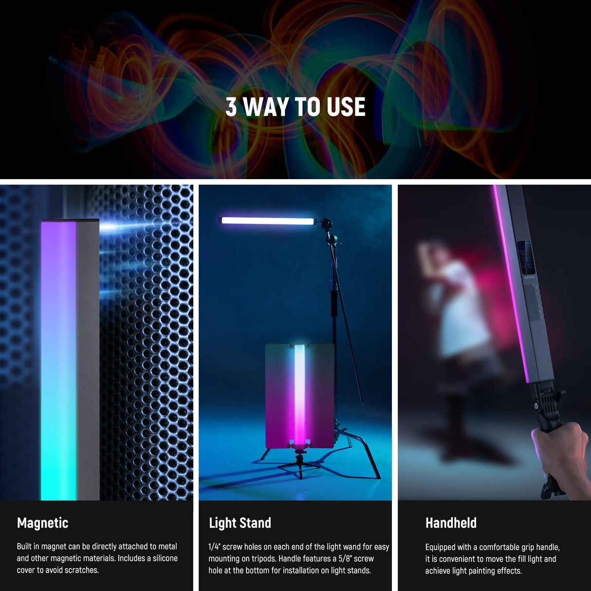 NEEWER RGB2 - Varita Luminosa LED RGB + Barndoor de Metal, Mango, Control de Barra táctil/App/2.4G, portátil magnética Recargable, Tubo para vídeo/Foto Regulable, 2500K-10000K CRI98+ 18 escenas
