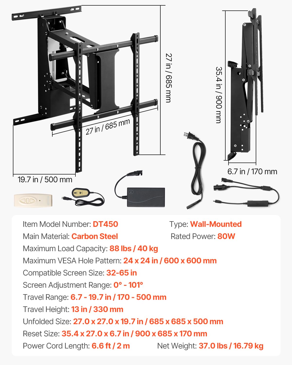 VEVOR Soporte para TV de Pared motorizado, Marco Soporte para TV Dimensiones de 813 a 1651 mm, Marco Porta televisión Plegable Ajustable con VESA máx. 60 x 60 cm, Carga máx. 40 kg