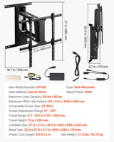 VEVOR Soporte para TV de Pared motorizado, Marco Soporte para TV Dimensiones de 813 a 1651 mm, Marco Porta televisión Plegable Ajustable con VESA máx. 60 x 60 cm, Carga máx. 40 kg