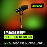 Shure MV7+ Micrófono para Podcast con Soporte de micrófono-Audio Mejorado, Panel táctil LED, Salidas USB-C y XLR, Modo de nivelación automática, Filtro Pop Digital, Efectos de reverberación - Negro