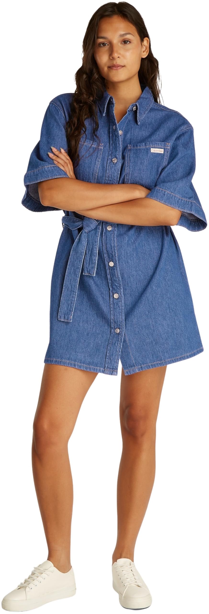 Calvin Klein Vestido Camisero Vaquero Mujer Linen Boxy Belted Denim, Azul (Denim Medium), M
