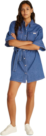 Calvin Klein Vestido Camisero Vaquero Mujer Linen Boxy Belted Denim, Azul (Denim Medium), M