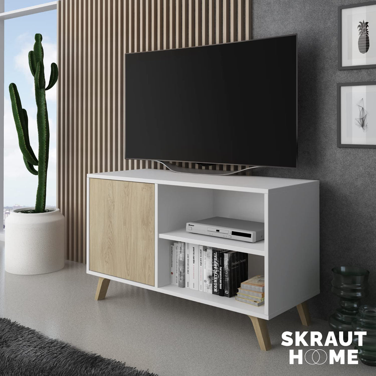 Skraut Home | Mueble de TV para Salón | 57 x 95 x 40 cm | Indicado para TV de 32/40" | Modelo Wind 100 | Blanco Mate/Roble