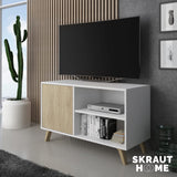 Skraut Home | Mueble de TV para Salón | 57 x 95 x 40 cm | Indicado para TV de 32/40" | Modelo Wind 100 | Blanco Mate/Roble
