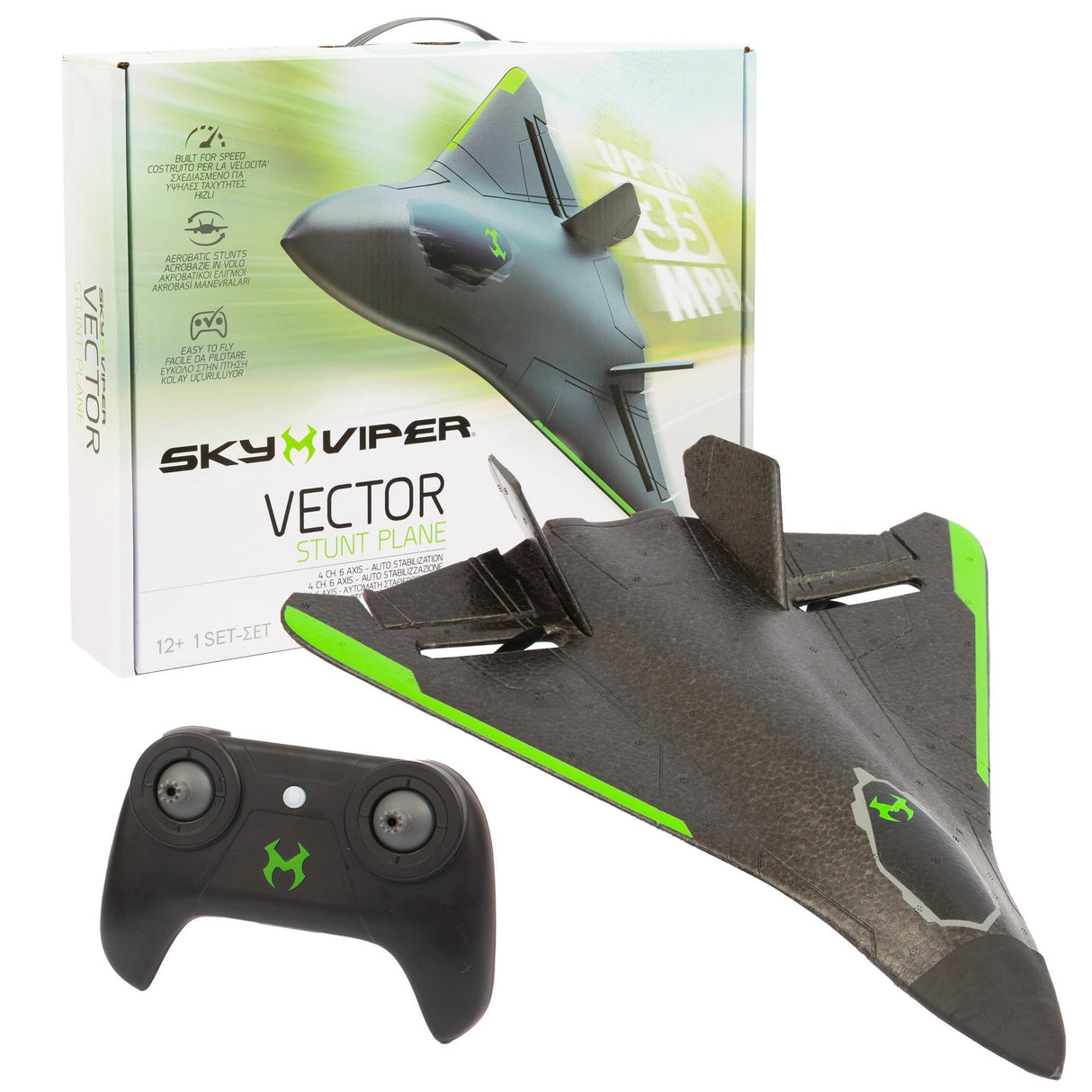 Sky Viper Vector Performance Stunt Jet Drone diseñado para alcanzar velocidades de hasta 35 mph equipado con tecnología avanzada de sujeción de posición, incluye control remoto de largo alcance de 600