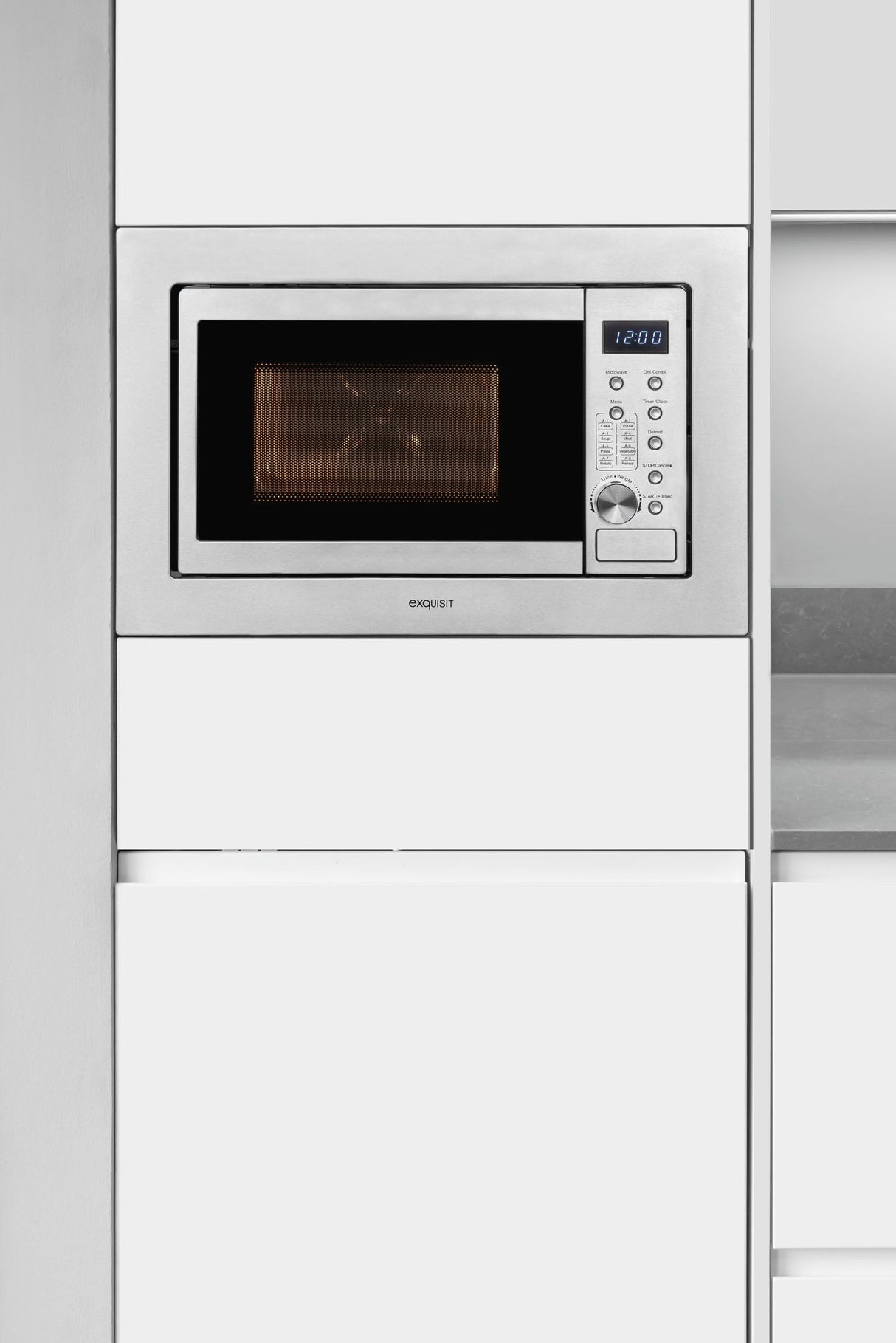Exquisit® Microondas Combi de Encastre, 20L, 800W, Grill 1000W, Acabado en Acero Inoxidable, 8 Programas Automáticos, Display Digital, Plato 27Cm, Medidas 38,6x59,5x37,5 Cm.