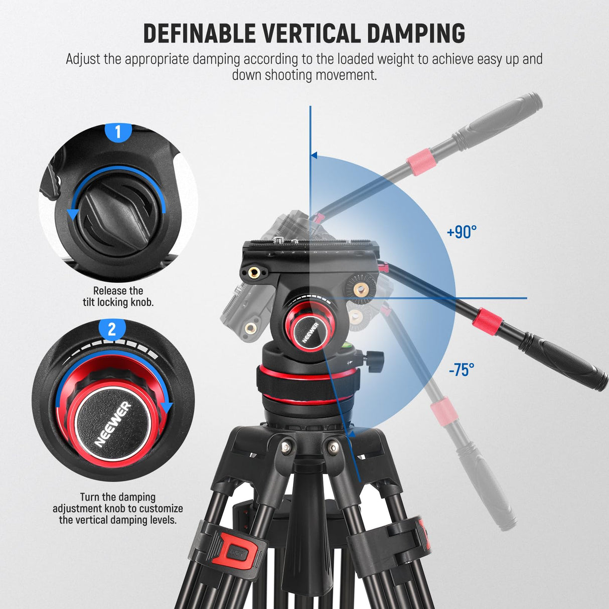 NEEWER Cabezal Fluido para Trípode de Video Resistente con Amortiguación, Placa de Liberación Rápida, Compatible con dji RS Gimbals, Mango Ajustable, Base de ⌀75mm, Carga Máxima 10kg, GM006