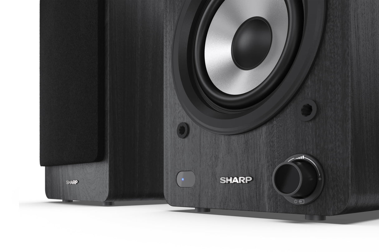 Sharp CP-SS30(BK) Pareja Altavoces estantería Activos 2vías, 60W RMS (2x30W) Carcasa Madera, Bluetooth v5.0, USB, óptica, Auxiliar, RCA, Ajuste Graves y Agudos, Rejilla extraíble, Mando a Distancia.