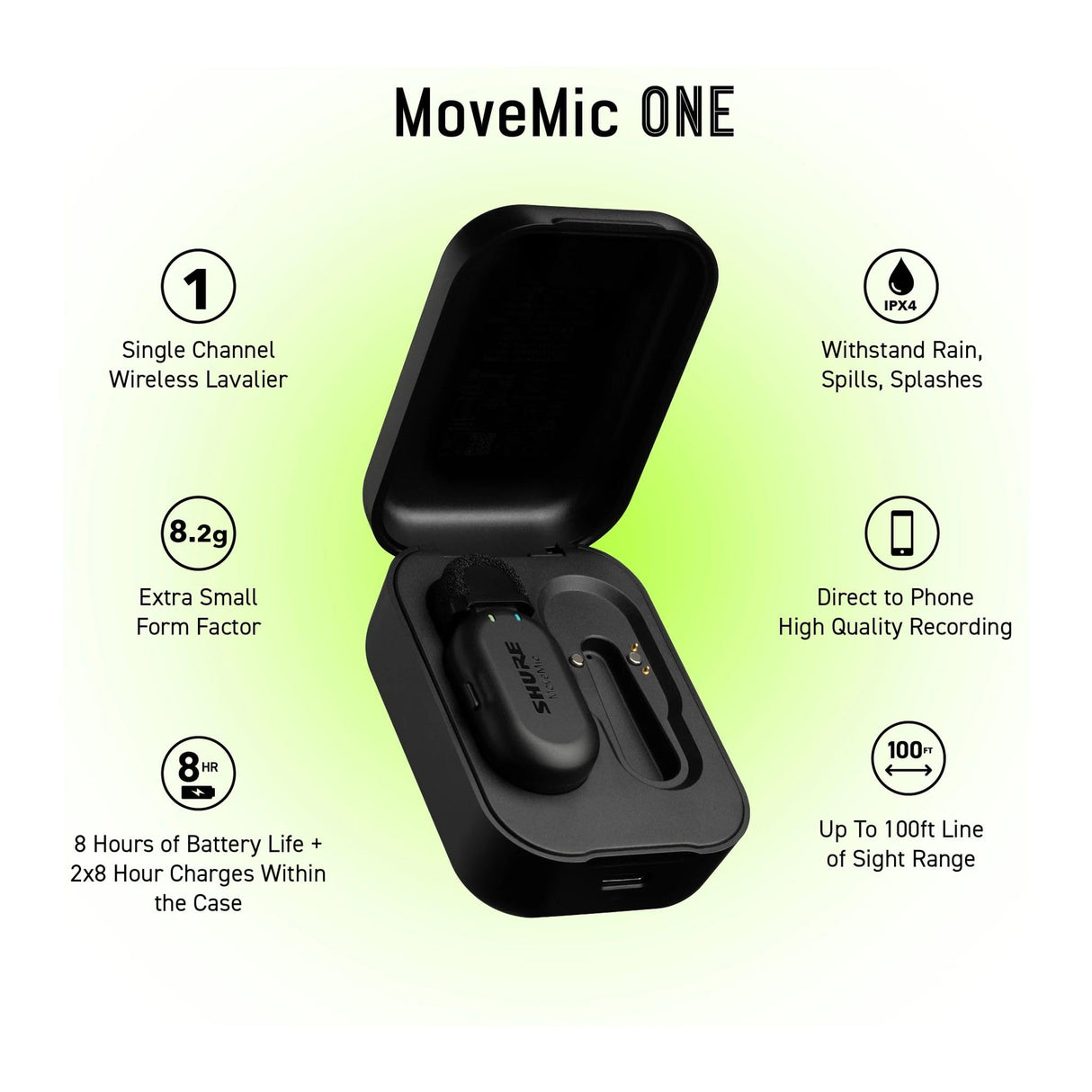 Shure MoveMic One - Pro Direct to Phone Micrófono inalámbrico Lavalier para iPhone y Android, Bluetooth Mini Mic, Carga de 24 horas, Configuración rápida, IPX4, Compact & Portable Clip Lav (MV-ONE-Z6)