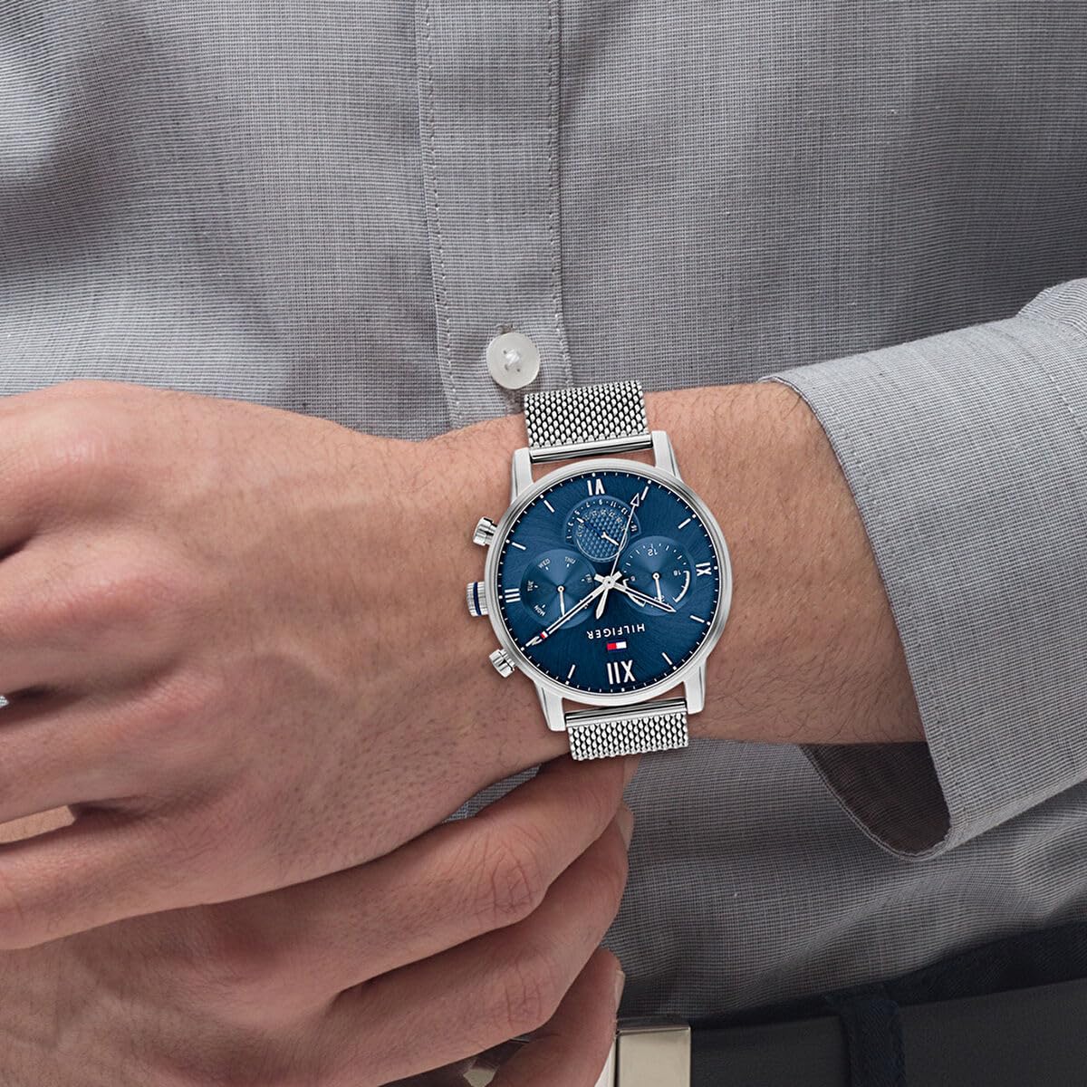 Tommy Hilfiger Reloj Analógico de Cuarzo Multifunción para Hombre con Correa de Malla de Acero Inoxidable Plateada - 1791881
