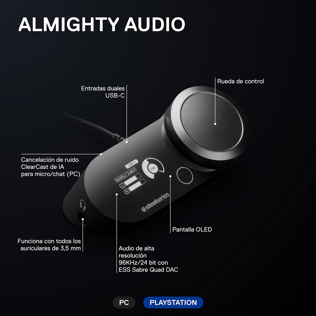 SteelSeries GameDAC Gen 2 Amplificador de Audio de Alta resolución - ESS Sabre Quad-DAC - Cancelación de Ruido por IA - Audio Espacial 360° - Certificado de Alta resolución - PC, PS5, PS4