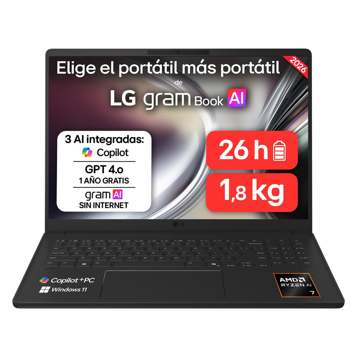 LG gram 16U55U-G.AU88BN - Ordenador Portátil Ultraligero de 16" Ryzen AI 7 445, 32 GB RAM, 1 TB SSD, AMD Radeon Graphics, IPS Antirreflejo, 1800g, 26 h, Windows 11, Teclado ES, Negro carbón