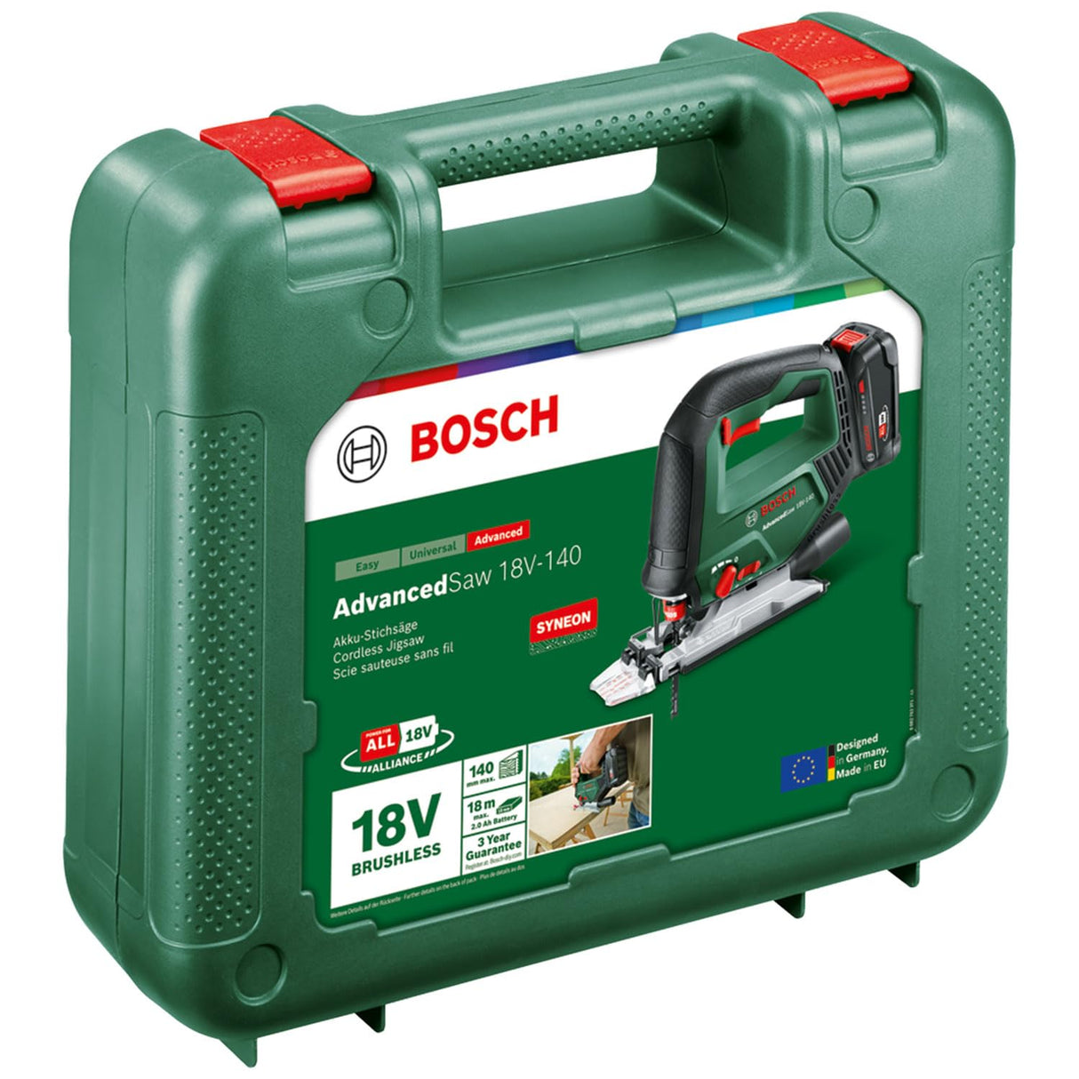 Bosch sierra de calar con batería AdvancedSaw 18V-140 motor Brushless; profundidad de corte en madera/acero/alu:140 mm/10 mm/20 mm; 3 hojas; 18V; con batería y cargador de 2,0 Ah