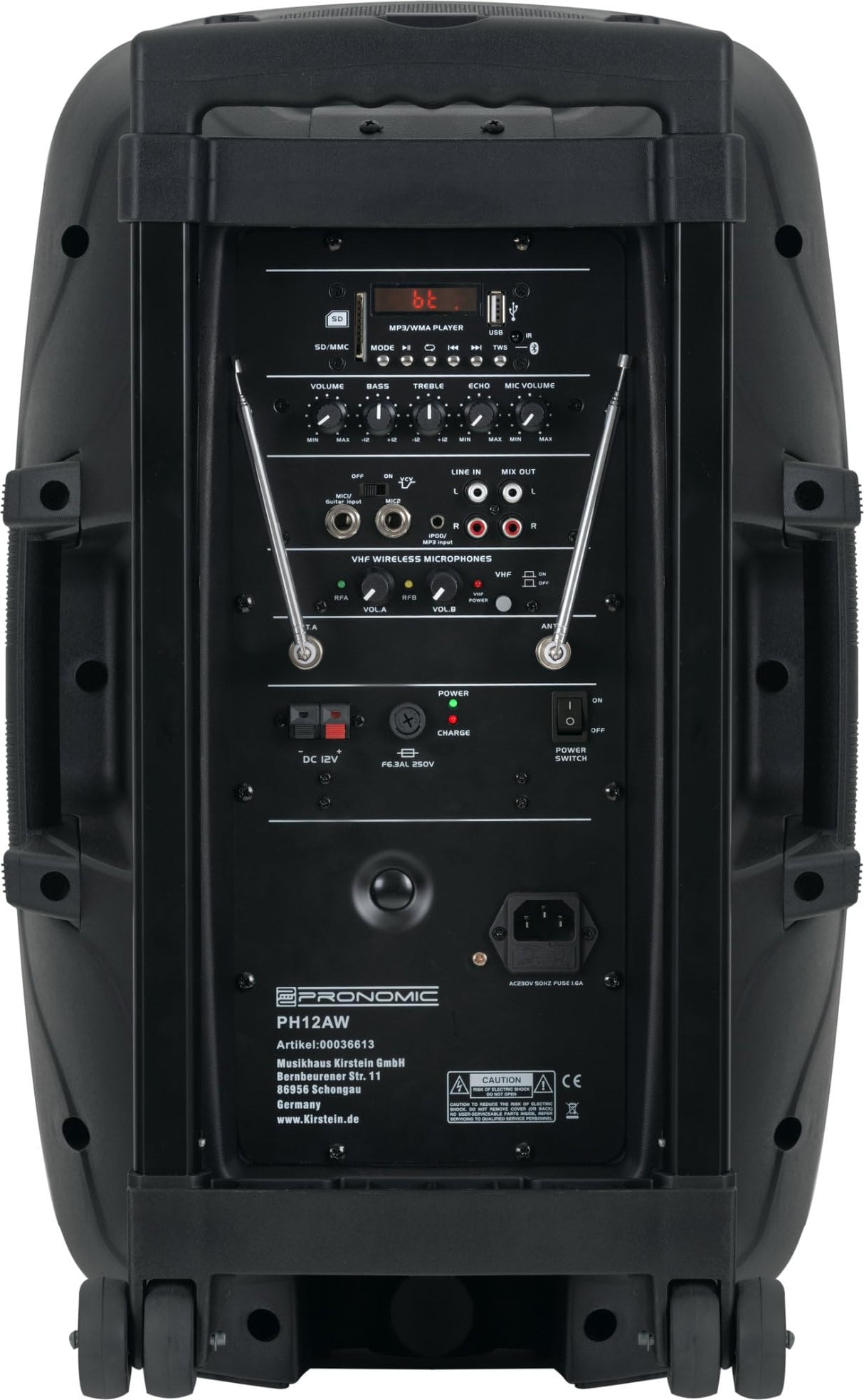 Pronomic PH12AW Caja Activa 12" con batería, 80W RMS, 5h autonomía, Bluetooth, MP3/SD/USB, Incluye micrófono inalámbrico, Headset, Mando y Trolley para Sistemas móviles.