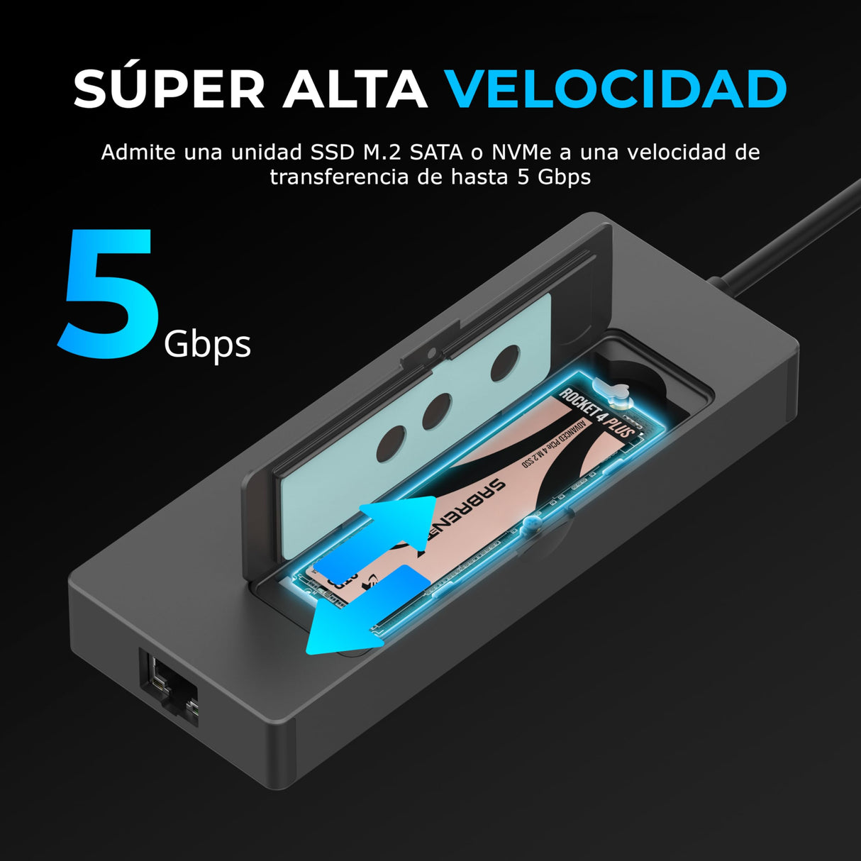 SABRENT Carcasa SSD M.2 NVMe y SATA USB 3.2 HUB C Docking Station 90W PD3.0, 1 USB 2.0 y 2 USB 3.0 Tipo-A, HDMI 2.0 4K@60Hz, Puerto RJ45 Ethernet 1GbE, Llave M y M+B M.2 2242/2260/2280 [HB-6PNV]
