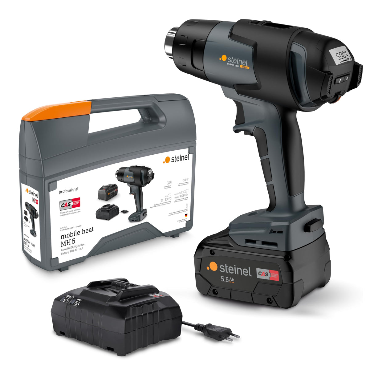 Steinel mobile heat MH5 Pistola de aire caliente profesional con batería, en maletín, con consumo de 18 V, cargador y batería de 5,5 Ah, temperatura de 500 °C y caudal de 300 l/min