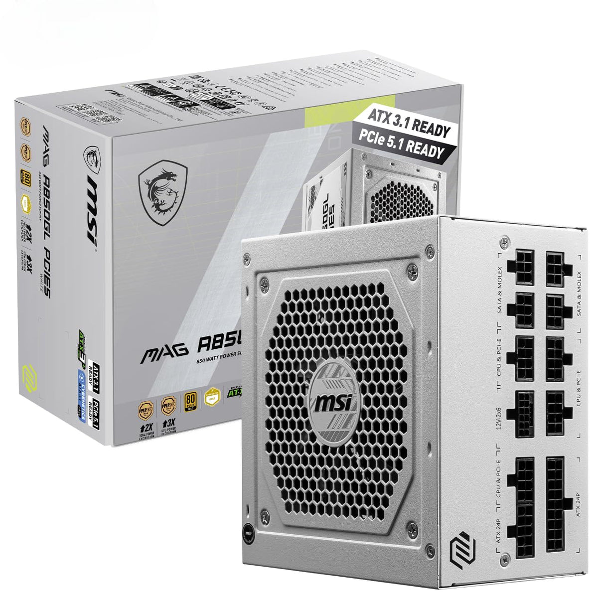 MSI Fuente de alimentación totalmente modular ATX de 850 W - MAG A850GL PCIE5 BLANCO - (Active PFC/80 PLUS Gold)