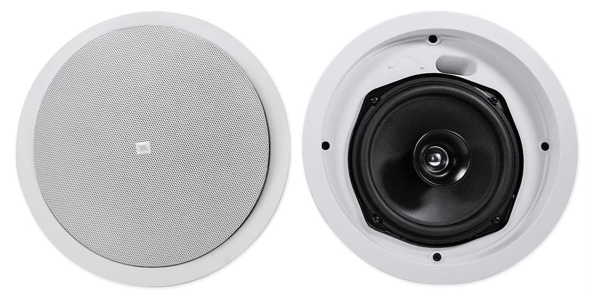 JBL Professional Control 26C 2-Way, 6.5” Round In-Ceiling Speaker with Metal Back-Can. 16 Ohm, 150 Watt. Sold as Pair. White, Paintable Grille.