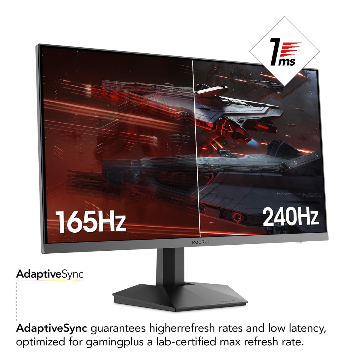 KOORUI Monitor 27 Pulgadas,Monitor Gaming 240Hz, Pantalla Ordenador QHD2560 x 1440p,1ms, HDR10, 90% DCI-P3, Adaptive Sync, VESA 75 * 75mm, Negro