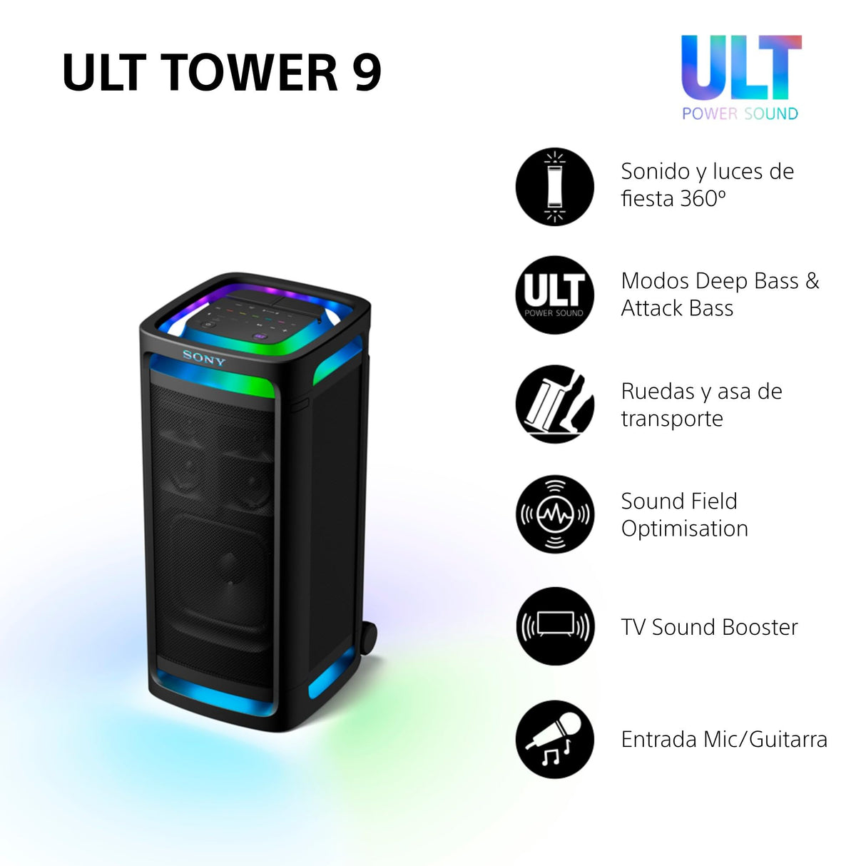Sony ULT Tower 9, Ultimate Bluetooth Party Speaker, 25 H de batería y alimentación de Red, 2 Modos ULT Power Sound, X-Balanced Speaker, 360 Luces y Sonido, entradas de Karaoke, Negro