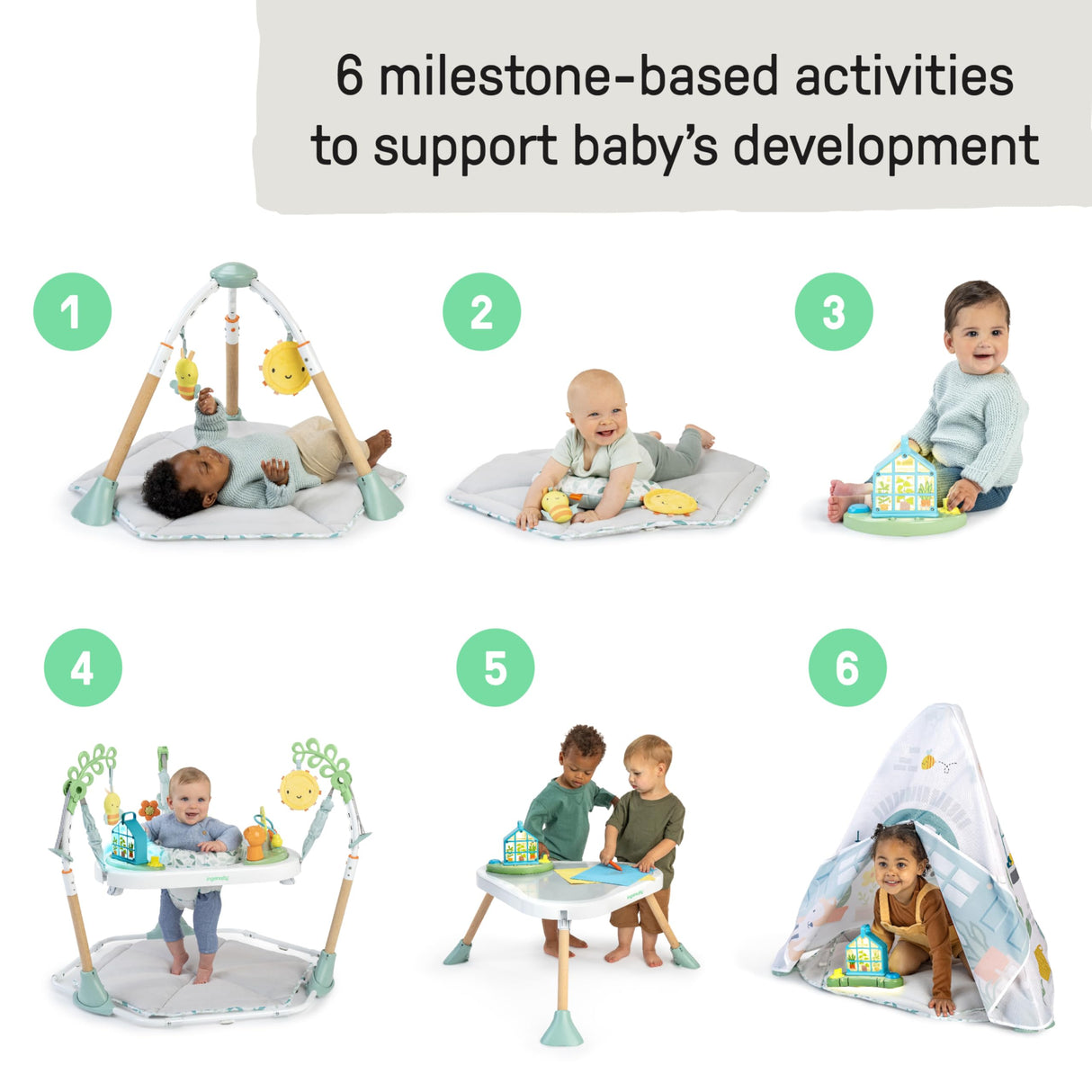 Ingenuity Tummy-to-Toes 6-in-1 Milestone Center Juguete para bebé, Multicolor, 0-48 Months (up 26lbs) (Kids2, Inc. 16904)