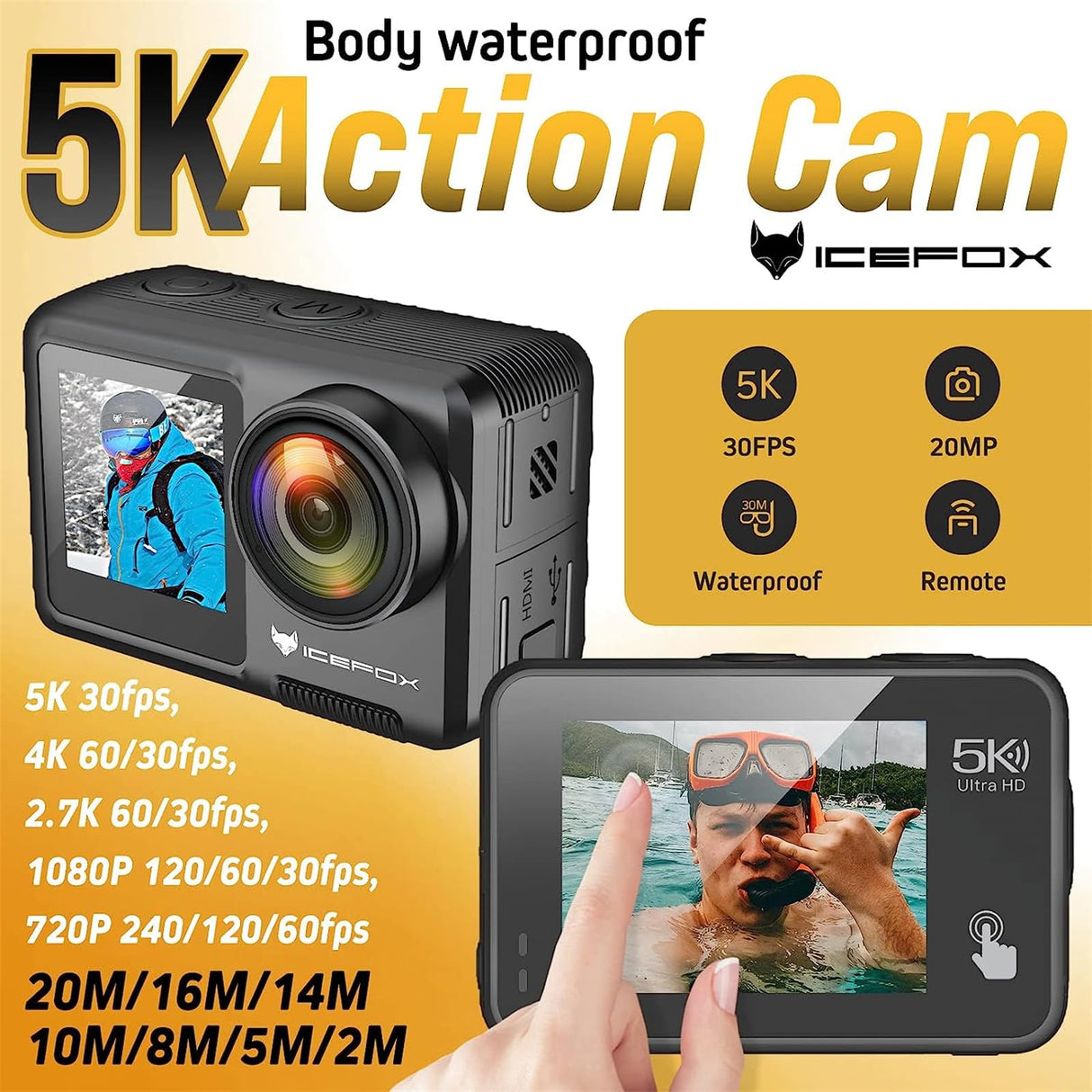 icefox Cámara Deportiva 5K WiFi 30FPS 20MP, Cámara Deportiva EIS Pantalla Táctil, 4X Zoom 170° Gran Angular, 30m Cámara Sumergible, Action CAM con Control Remoto, Micrófono Externo, Kit de Accesorios