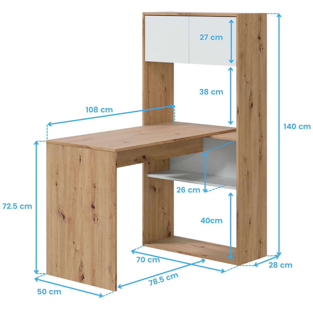 Habitdesign Mesa-Estantería Reversible de 3 Posiciones, Escritorio, Librería, Sistema de Almacenaje, Modelo Duo, Acabado en Color Roble Nodi y Blanco Artik