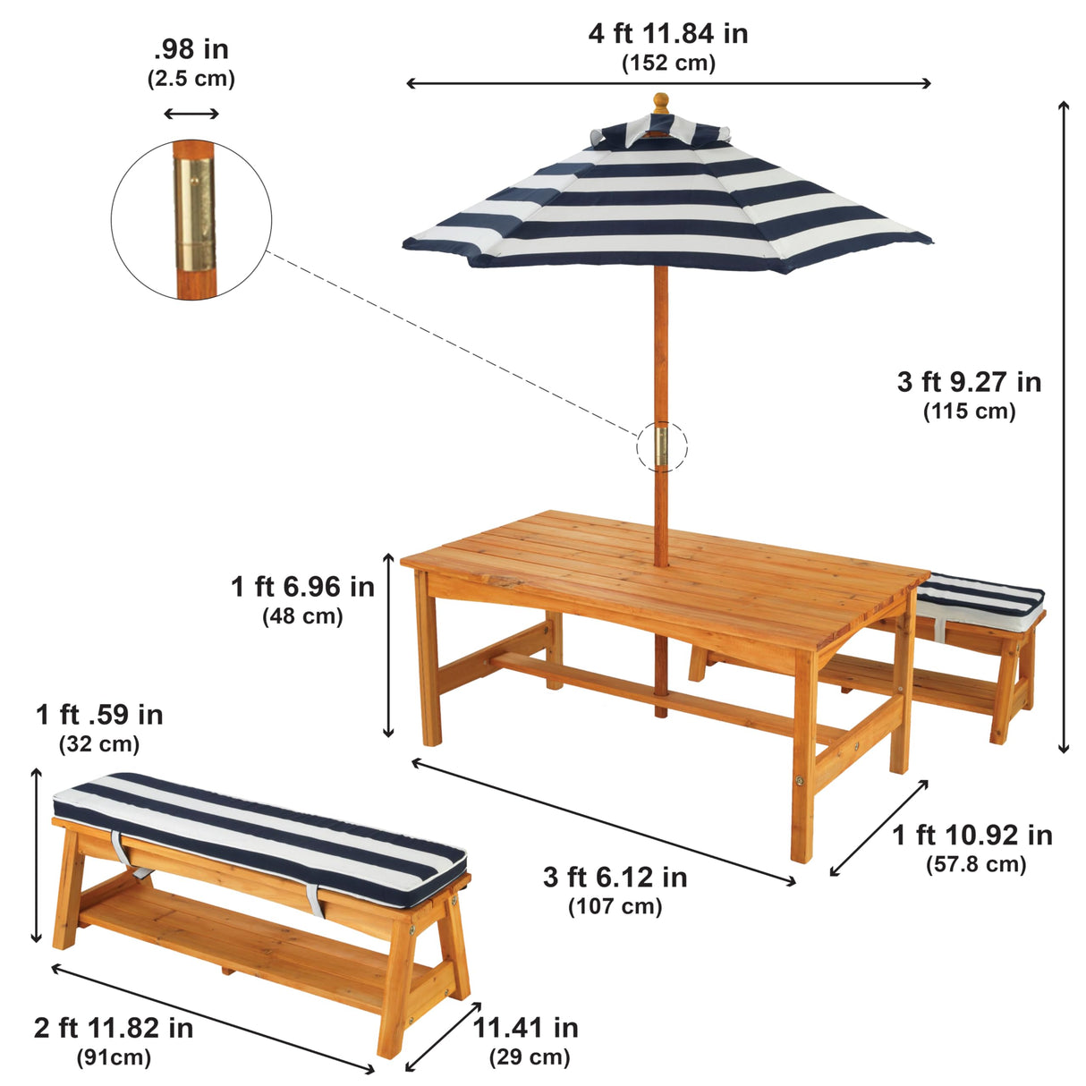 KidKraft Conjunto jardín de Mesa y 2 Bancos de Madera para niños con sombrilla y Cojines, Muebles para terrazza, Patio y Exterior al Aire Libre (00106)